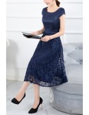 Navy Blue Lace Tea Length Party Dress Wedding Guests With Cap Sleeves