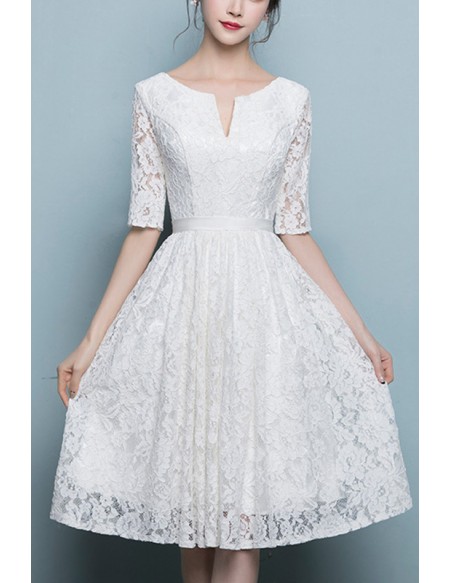 Elegant White Lace Knee Length Homecoming Dress With Lace Sleeves