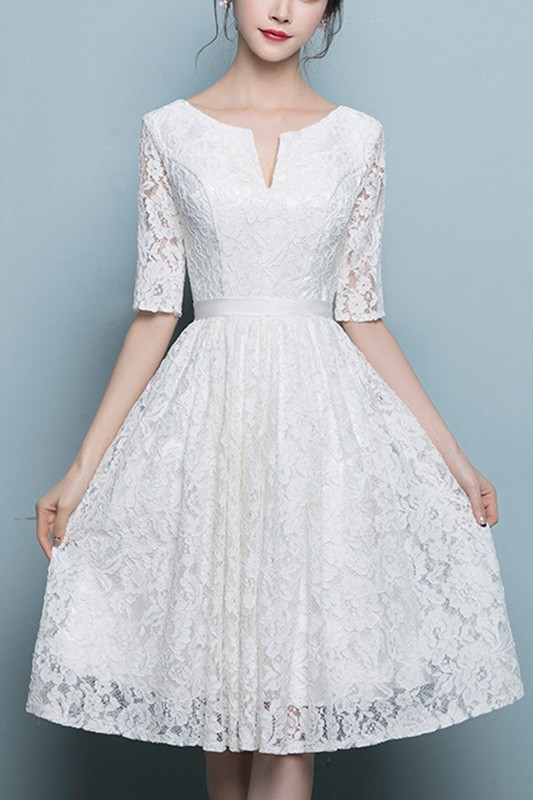 Elegant White Lace Knee Length Homecoming Dress With Lace Sleeves #J1741 -  GemGrace.com