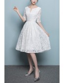 Elegant White Lace Knee Length Homecoming Dress With Lace Sleeves