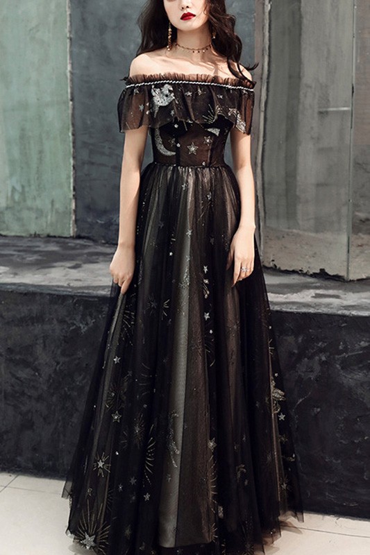 Black Strapless Long Tulle Party Prom Dress With Stars #J1705 ...