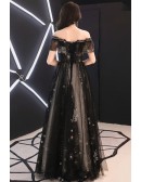 Black Strapless Long Tulle Party Prom Dress With Stars