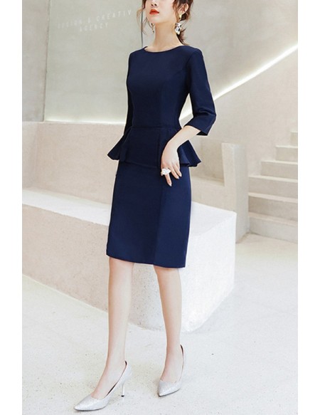 Navy Blue Short Bodycon Wedding Guest Dress With 3/4 Sleeves
