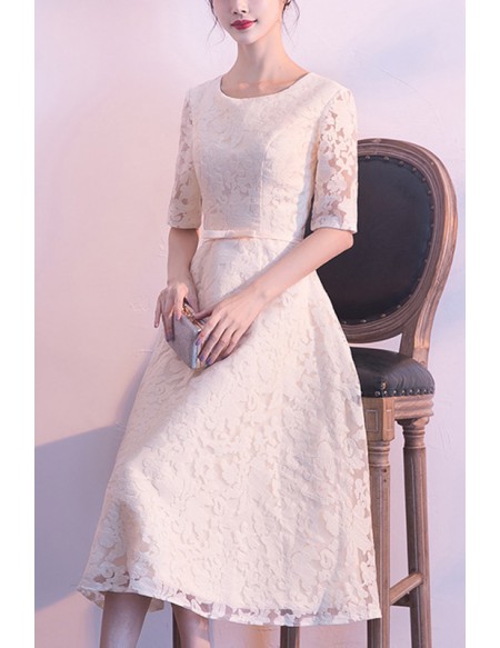 Modest Champagne Lace Tea Length Party Dress Round Neck With Sleeves