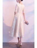 Modest Champagne Lace Tea Length Party Dress Round Neck With Sleeves
