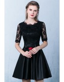 Black Lace Satin Aline Party Dress With Lace Sleeves