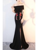 Mermaid Long Black Split Front Evening Dress With Roses Pattern