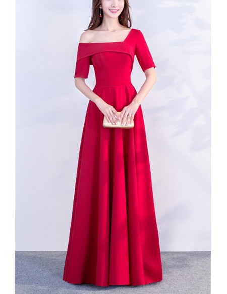 Simple Asymmetrical Shoulder Burgundy Long Party Dress