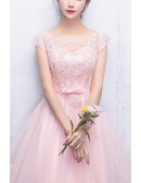 Cute Pink Tulle Homecoming Party Dress With Appliques Cap Sleeves