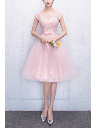 Cute Pink Tulle Homecoming Party Dress With Appliques Cap Sleeves
