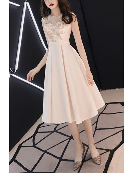 Champagne Satin Pleated Tea Length Homecoming Party Dress