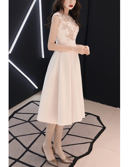 Champagne Satin Pleated Tea Length Homecoming Party Dress
