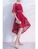Burgundy Lace High Low Homecoming Dress With Sheer Top Sleeves