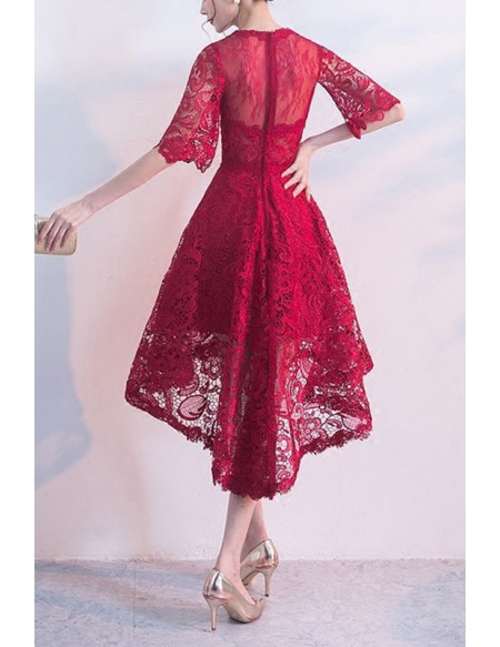 Burgundy Lace High Low Homecoming Dress With Sheer Top Sleeves