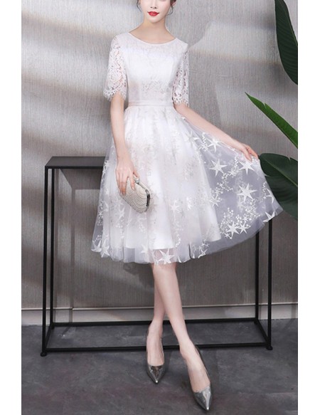 Cute Stars Tulle Knee Length Homecoming Party Dress With Lace Short Sleeves