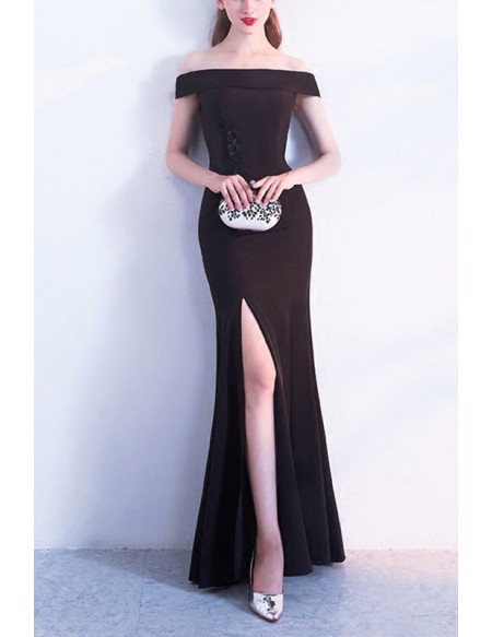 Slim Long Side Split Black Formal Dress Off Shoulder