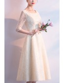 Elegant Champagne Lace Tea Length Party Dress With Beadings