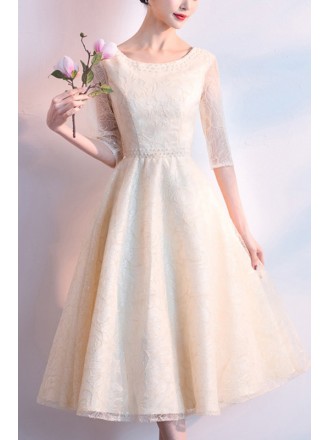 Elegant Champagne Lace Tea Length Party Dress With Beadings