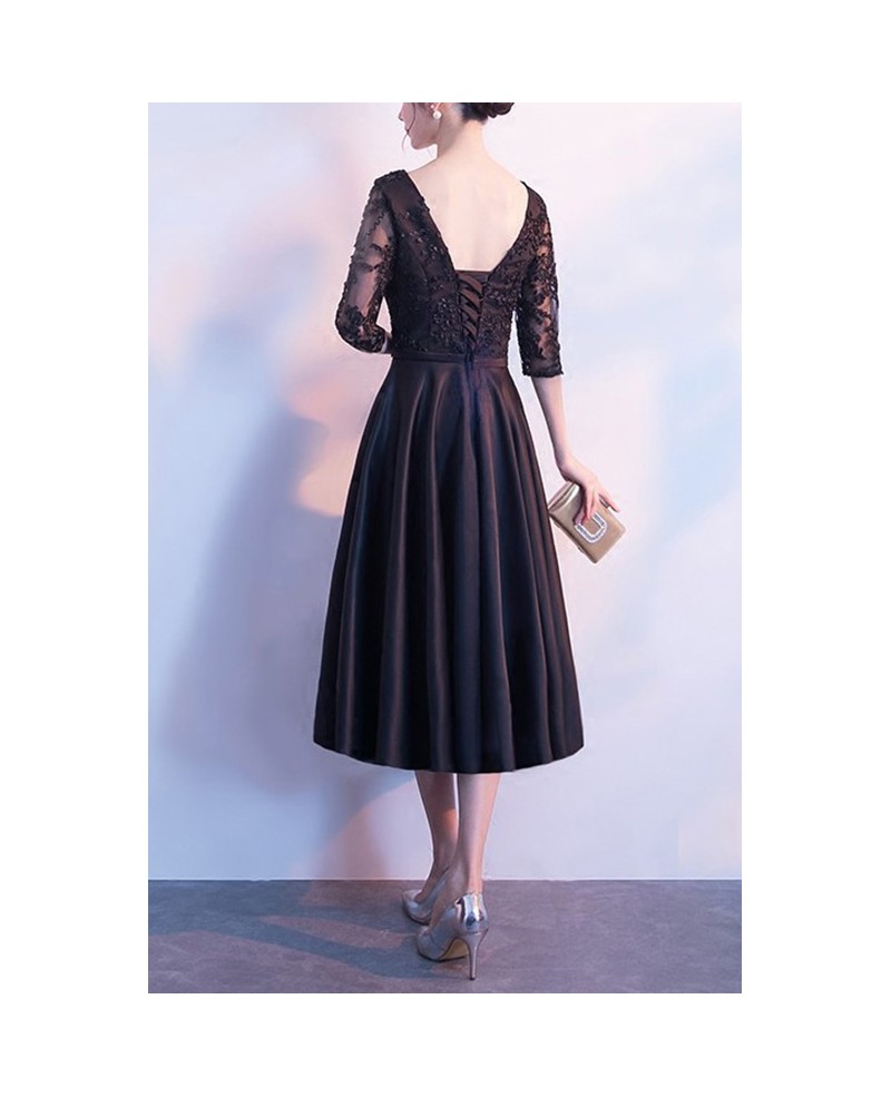 Modest Black Tea Length Satin Party Dress Vneck With Half Sleeves J1724 