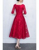 Modest Burgundy Lace Tea Length Party Dress With Half Sleeves