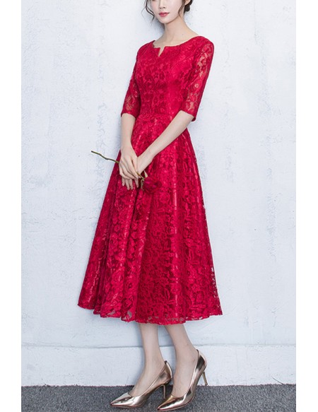 Modest Burgundy Lace Tea Length Party Dress With Half Sleeves