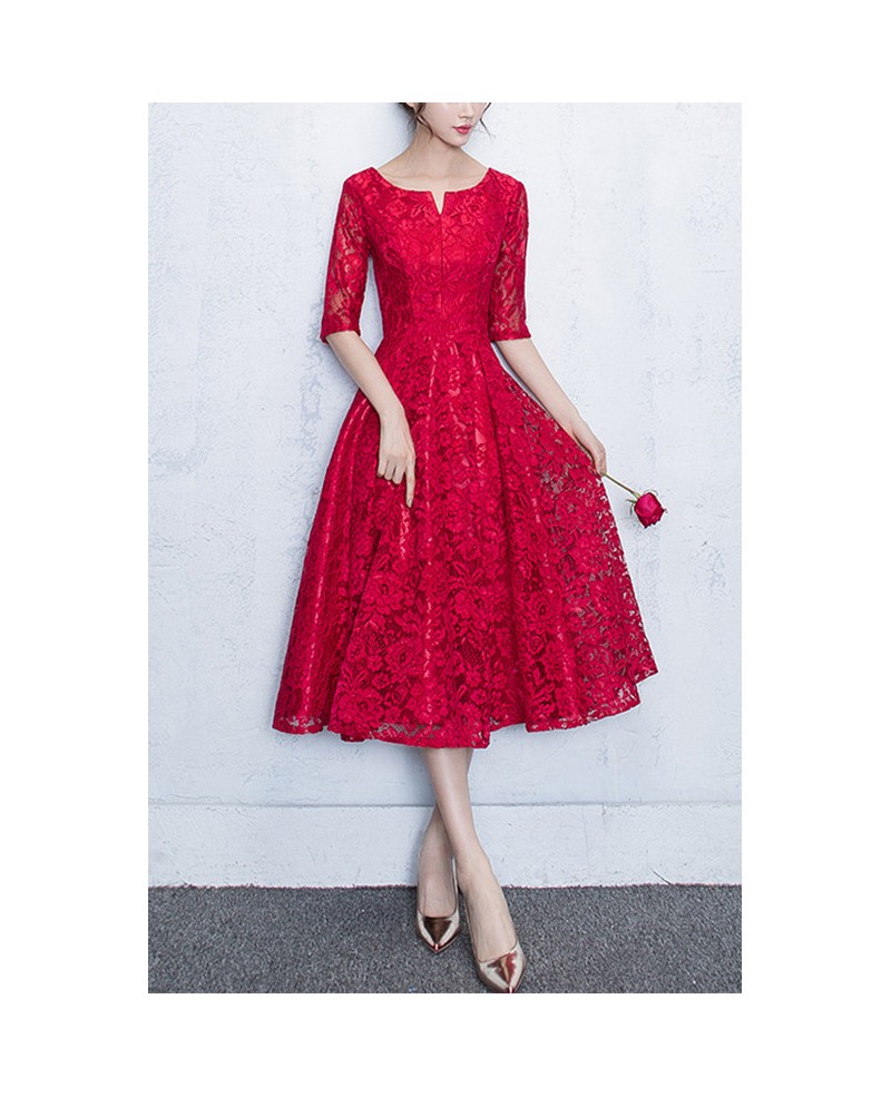 Modest Burgundy Lace Tea Length Party Dress With Half Sleeves #J1775 ...