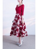 Elegant Tea Length Floral Party Dress Vneck With 3/4 Sleeves