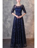 Leaf Pattern Navy Blue Elegant Formal Party Dress With Illusion Neckline