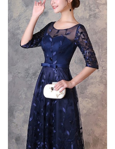 Leaf Pattern Navy Blue Elegant Formal Party Dress With Illusion Neckline