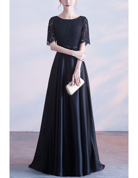 Modest Black Lace Satin Party Dress With Sleeves