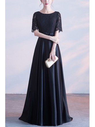 Modest Black Lace Satin Party Dress With Sleeves