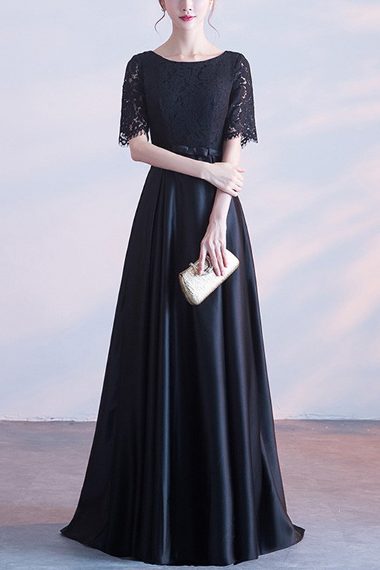 Modest Black Lace Satin Party Dress With Sleeves #J1739 - GemGrace.com