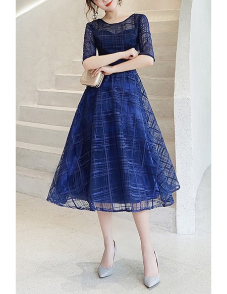 Striped Pattern Tea Length Party Dress With Half Sleeves #J1709 ...