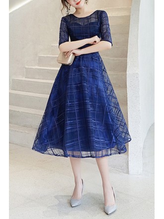 Striped Pattern Tea Length Party Dress With Half Sleeves