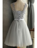 Short Tulle Grey Lace Homecoming Dress Sleeveless With Bow Knot Sash