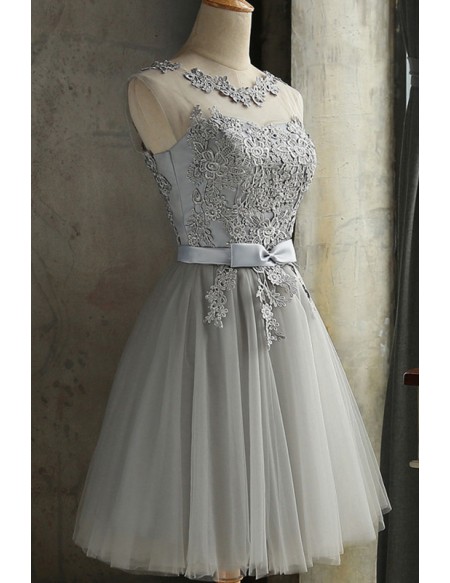 Short Tulle Grey Lace Homecoming Dress Sleeveless With Bow Knot Sash