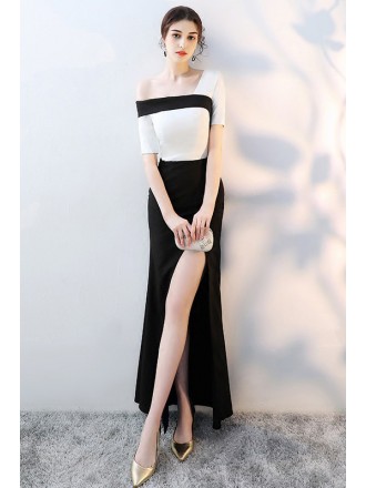 Elegant Black And White Evening Party Dress With Split Front
