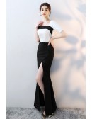 Elegant Black And White Evening Party Dress With Split Front