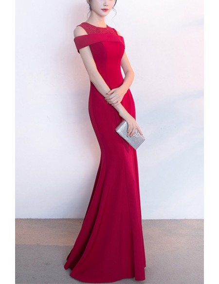 Burgundy Mermaid Long Formal Dress With Lace Cold Shoulder