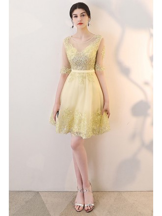 Gorgeous Gold Short Tulle Homecoming Party Dress With Sheer Sleeves
