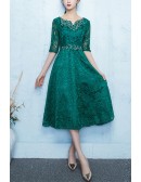 Dark Green Lace Tea Length Party Dress For Weddings