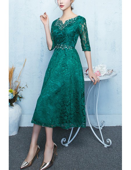 Dark Green Lace Tea Length Party Dress For Weddings