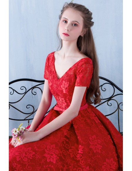 Gorgeous Red Lace Vneck Tea Length Party Dress With Sleeves