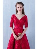 Gorgeous Red Lace Vneck Tea Length Party Dress With Sleeves