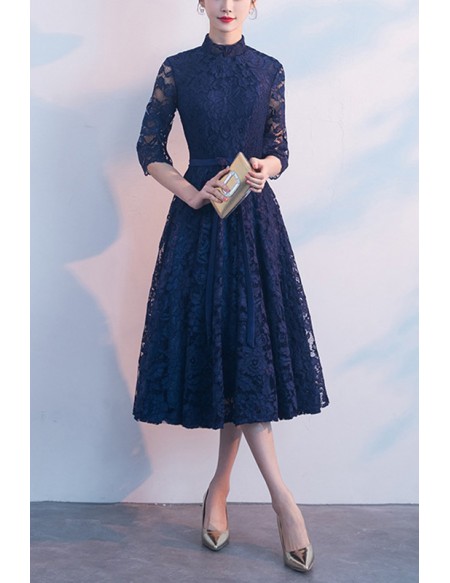 Navy Blue Lace Elegant Wedding Guest Dress With Sleeves