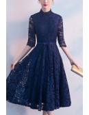 Navy Blue Lace Elegant Wedding Guest Dress With Sleeves