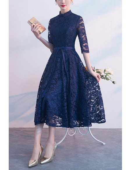 Navy Blue Lace Elegant Wedding Guest Dress With Sleeves #J1736 ...