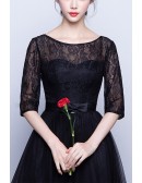 Little Black Tulle Knee Length Homecoming Graduation Dress With Lace Sleeves