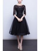 Little Black Tulle Knee Length Homecoming Graduation Dress With Lace Sleeves