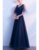 Navy Blue Vneck Aline Long Prom Formal Dress With Tulle Sleeves